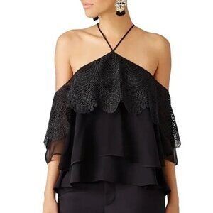 NEW | Cinq à Sept Fleur Tiered Silk‎ Lace Cold Shoulder Halter Tie Top Small